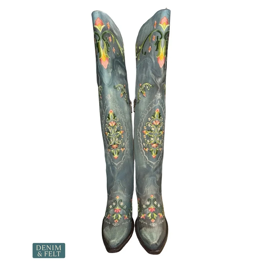 NEW‎ Dan Post Flower Child Turquoise Embroidered Knee High Western Boots 6.5 - Picture 3 of 16